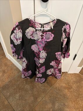 Free People Black Floral Puff-Sleeve Tunic with Pink & Purple Blooms